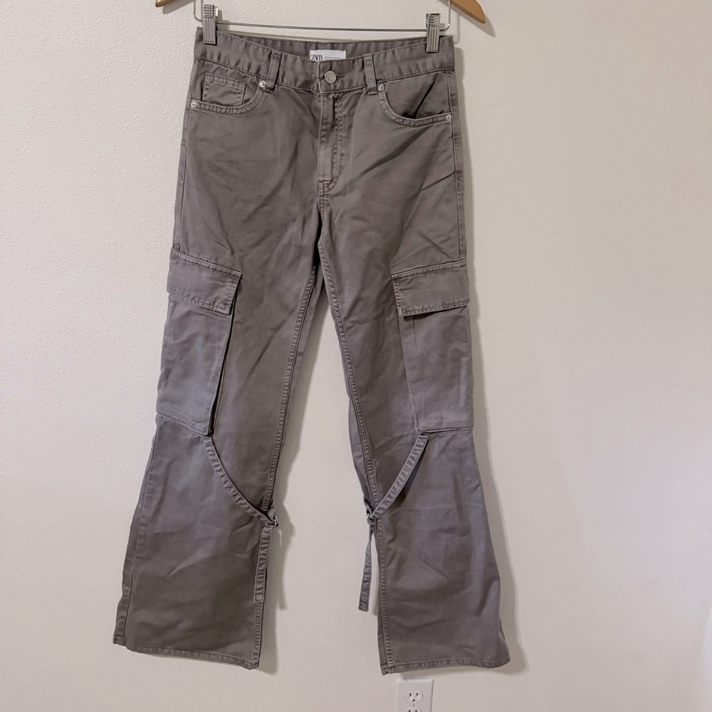 Zara Belt Loop Cargo Utility Flare Leg Jean Gray Cotton Gorpcore-2